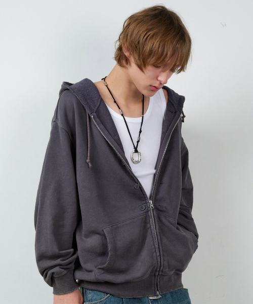 BUTTON WASHED HOODIE ZIP-UP PURPLE