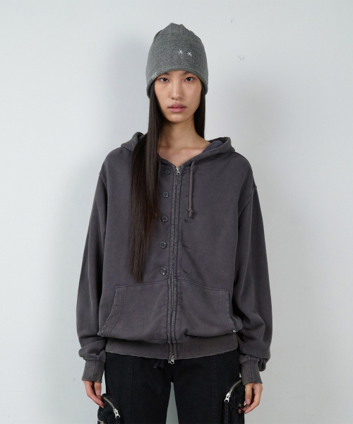 BUTTON WASHED HOODIE ZIP-UP PURPLE
