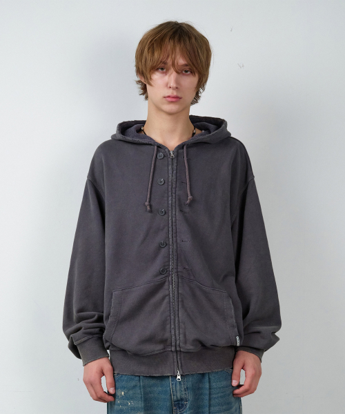BUTTON WASHED HOODIE ZIP-UP PURPLE