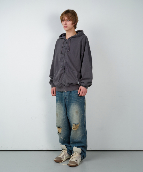 BUTTON WASHED HOODIE ZIP-UP PURPLE