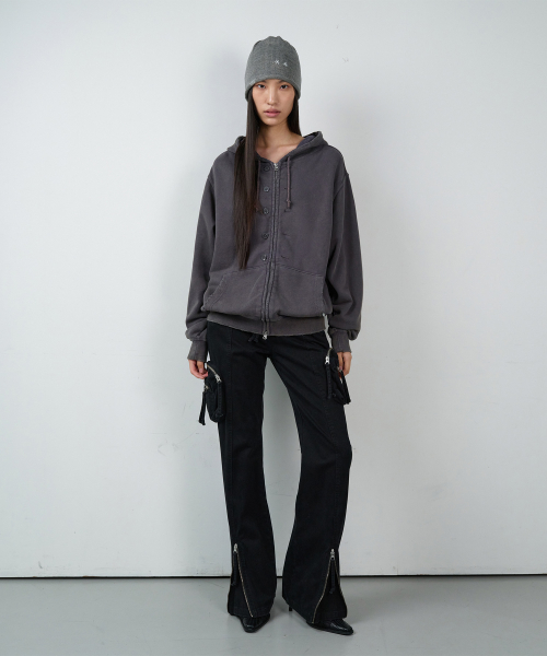 BUTTON WASHED HOODIE ZIP-UP PURPLE
