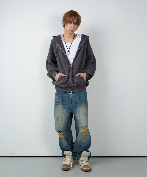 BUTTON WASHED HOODIE ZIP-UP PURPLE