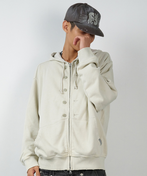 BUTTON WASHED HOODIE ZIP-UP BEIGE