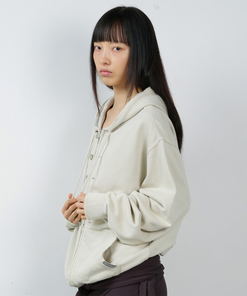 BUTTON WASHED HOODIE ZIP-UP BEIGE