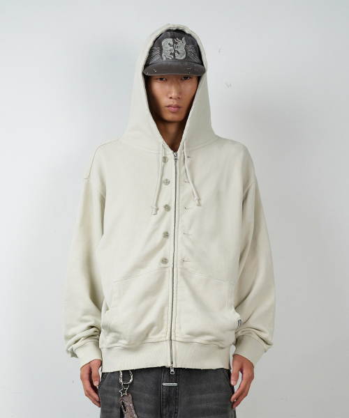 BUTTON WASHED HOODIE ZIP-UP BEIGE