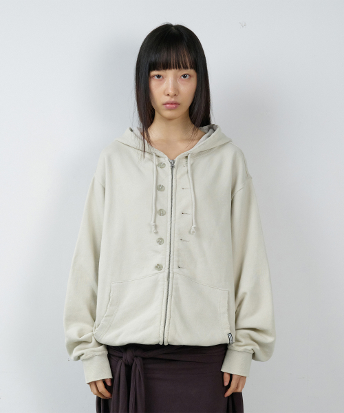 BUTTON WASHED HOODIE ZIP-UP BEIGE