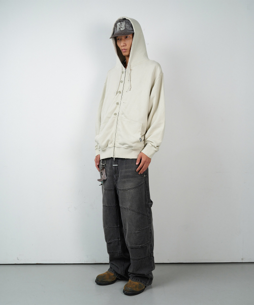 BUTTON WASHED HOODIE ZIP-UP BEIGE
