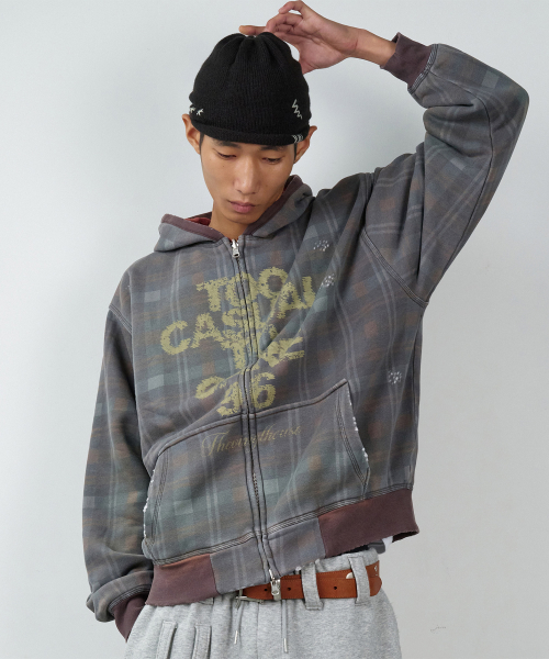 REVERSIBLE CHECK HOODIE ZIP-UP BROWN