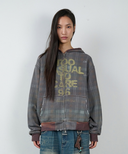 REVERSIBLE CHECK HOODIE ZIP-UP BROWN