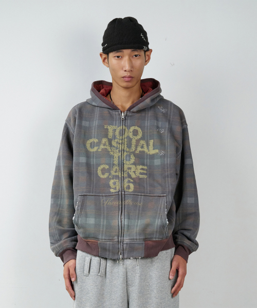 REVERSIBLE CHECK HOODIE ZIP-UP BROWN