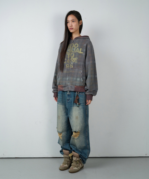 REVERSIBLE CHECK HOODIE ZIP-UP BROWN