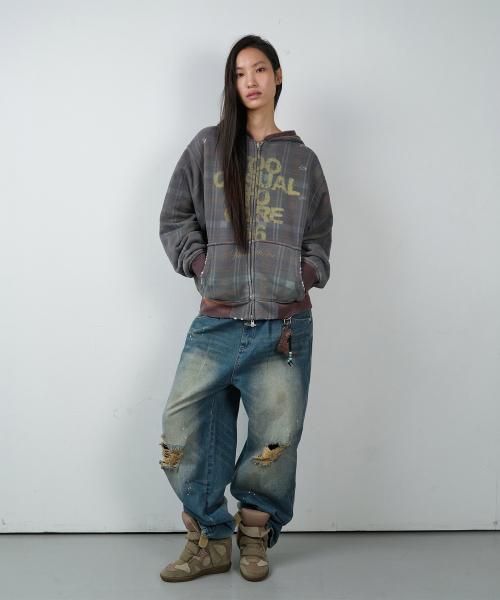 REVERSIBLE CHECK HOODIE ZIP-UP BROWN