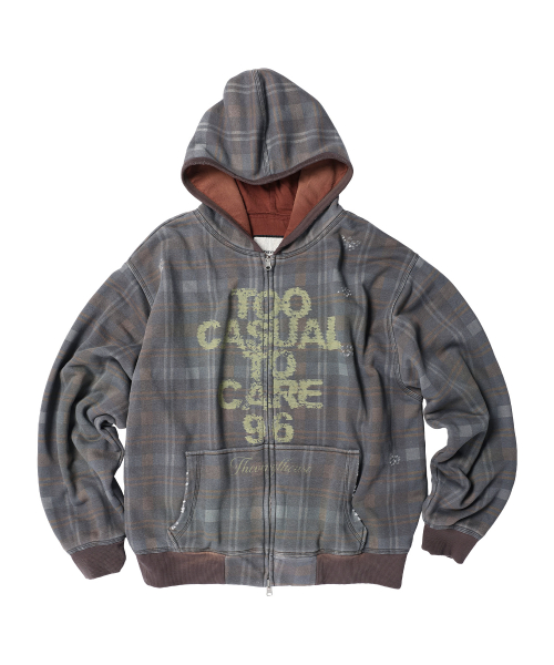 REVERSIBLE CHECK HOODIE ZIP-UP BROWN