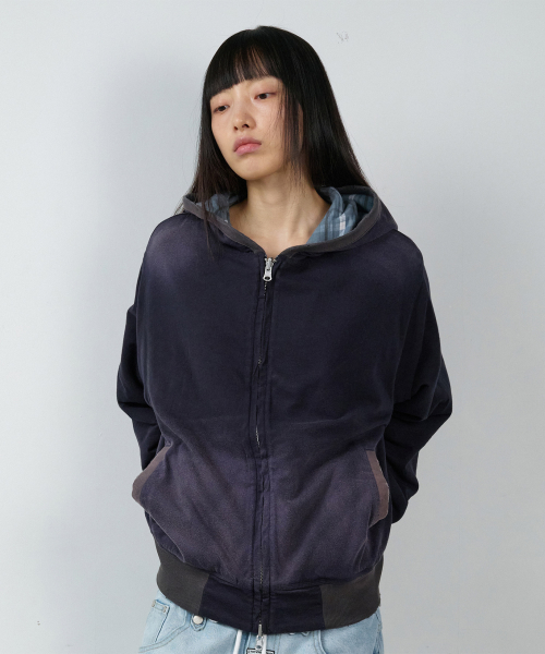 REVERSIBLE CHECK HOODIE ZIP-UP NAVY