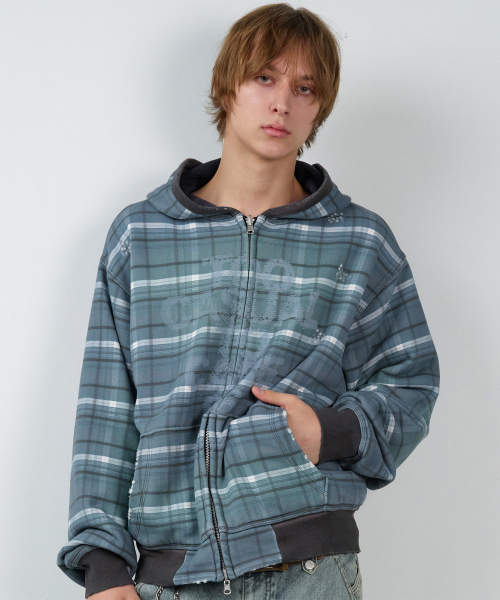 REVERSIBLE CHECK HOODIE ZIP-UP NAVY