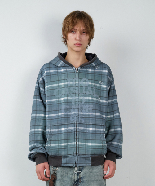 REVERSIBLE CHECK HOODIE ZIP-UP NAVY