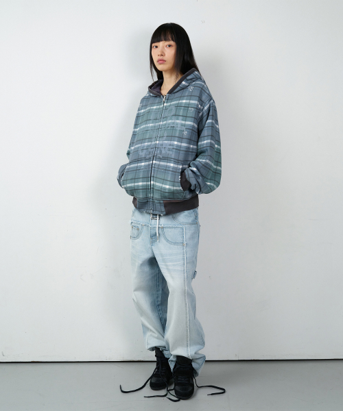 REVERSIBLE CHECK HOODIE ZIP-UP NAVY