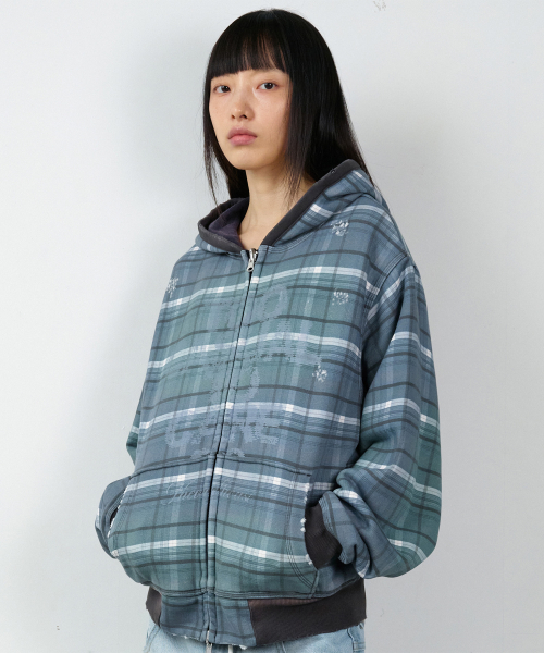 REVERSIBLE CHECK HOODIE ZIP-UP NAVY
