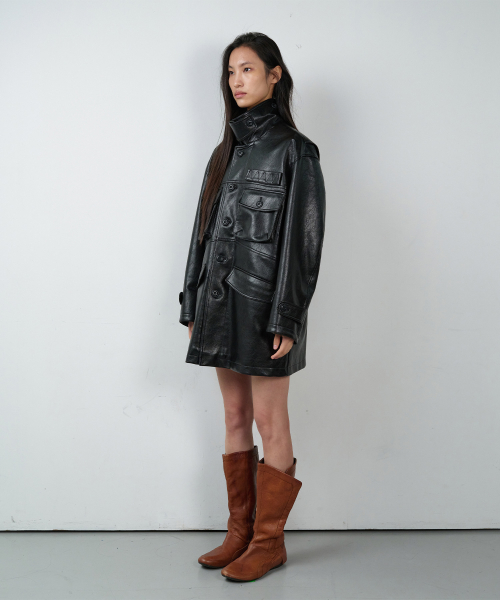 4 POCKET LEATHER CAR COAT BLACK