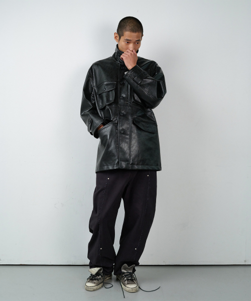 4 POCKET LEATHER CAR COAT BLACK