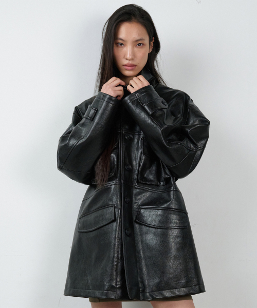 4 POCKET LEATHER CAR COAT BLACK