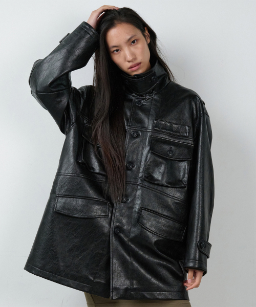 4 POCKET LEATHER CAR COAT BLACK