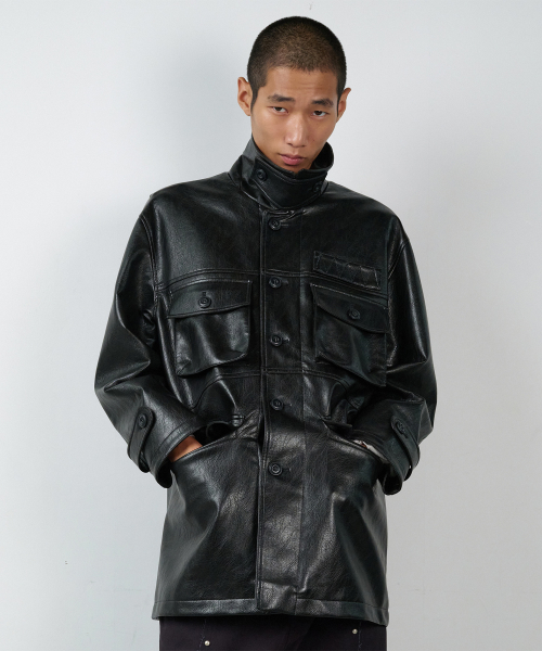 4 POCKET LEATHER CAR COAT BLACK