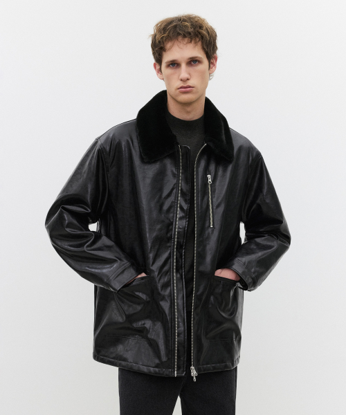 Fur-Trim Leather Field Jacket, Black
