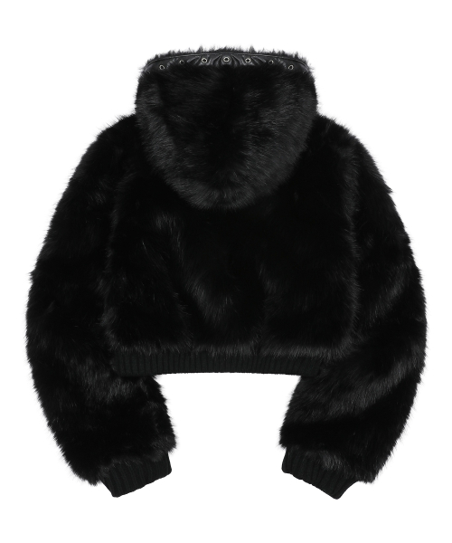 XARQ CROSS LEATHER PATCH FUR CROP HOOD ZIP-UP