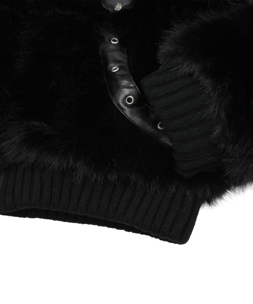 XARQ CROSS LEATHER PATCH FUR CROP HOOD ZIP-UP