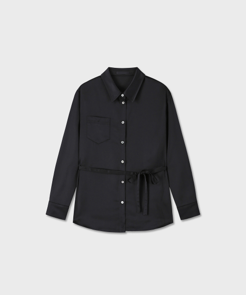 LOOSE FIT BELTED SATIN SHIRTS (BLACK)