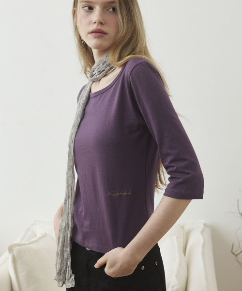 Boat Neck 3/4 Sleeve T Shirt - Purple
