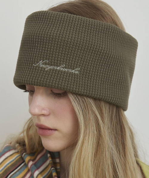 Waffle Knit Wide Hair Band Bandana_Khaki