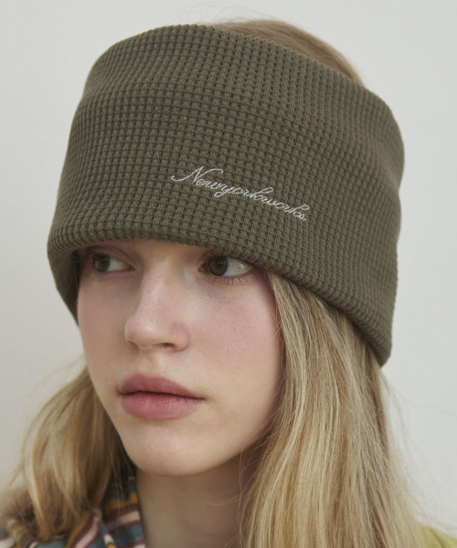 Waffle Knit Wide Hair Band Bandana_Khaki