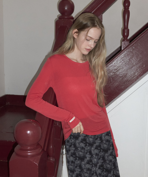 Sheer Layered Long Sleeve T Shirt_Red