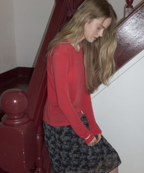 Sheer Layered Long Sleeve T Shirt_Red