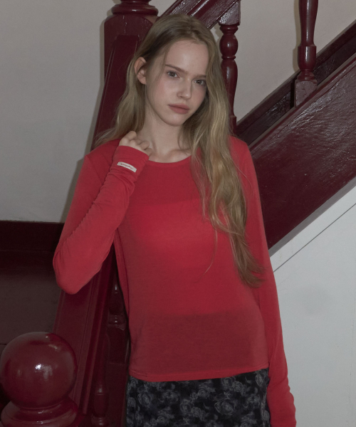 Sheer Layered Long Sleeve T Shirt_Red