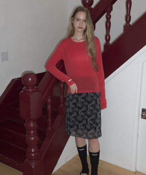 Sheer Layered Long Sleeve T Shirt_Red