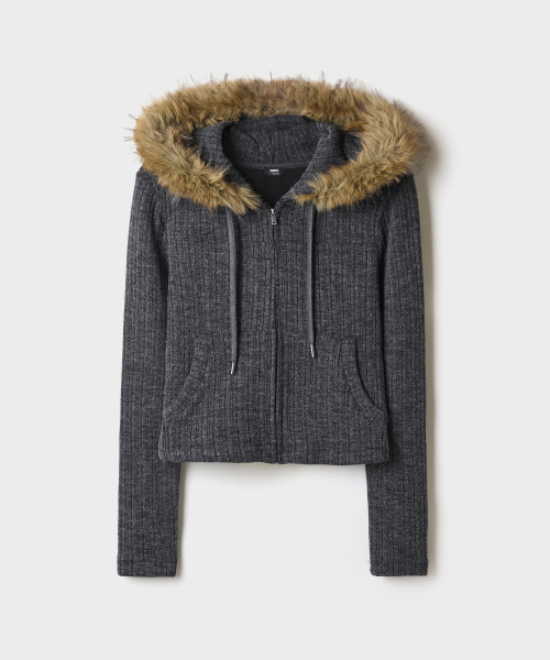 Ribbed Fur Hood Zip Up_SPMZG4VGY0
