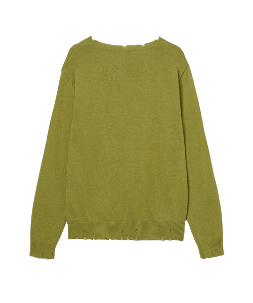 V-NECK DISTRESSED BASIC PULLOVER IN OLIVE