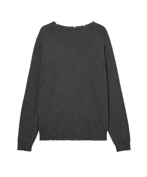 V-NECK DISTRESSED BASIC PULLOVER IN CHARCOAL