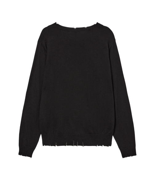 V-NECK DISTRESSED BASIC PULLOVER IN BLACK
