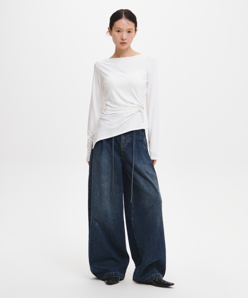 woman wide denim pants [deep blue]
