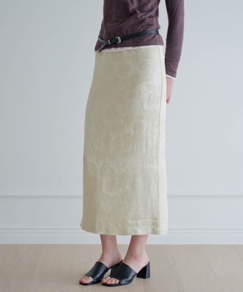 Floral Jacquard Satin Long Skirt_Green