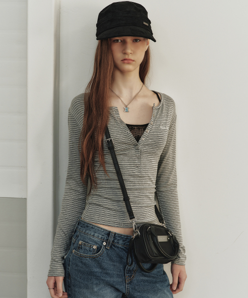 STRIPED HENLEY NECK TOP_GRAY