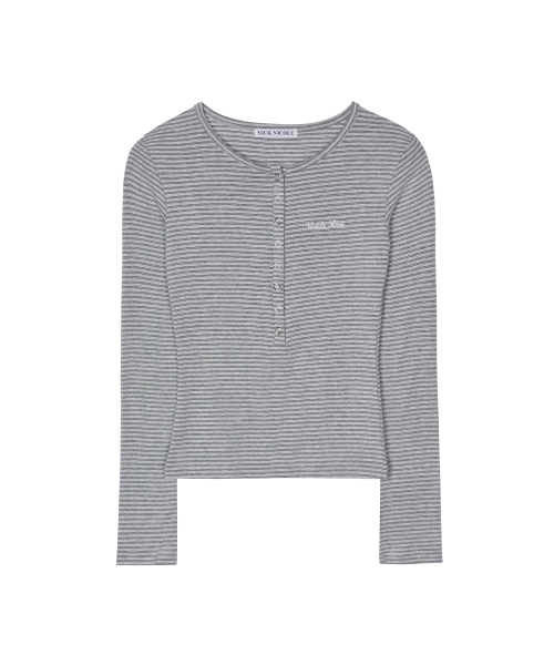 STRIPED HENLEY NECK TOP_GRAY