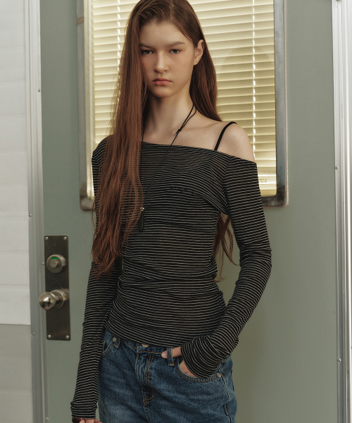 STRIPE DRAPE NECK TOP_BLACK