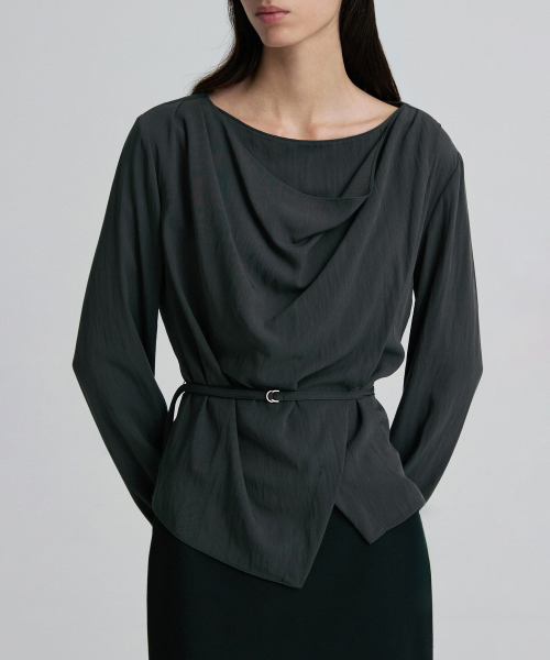 DRAPED COWL-NECK TIE-WAIST TOP CHARCOAL