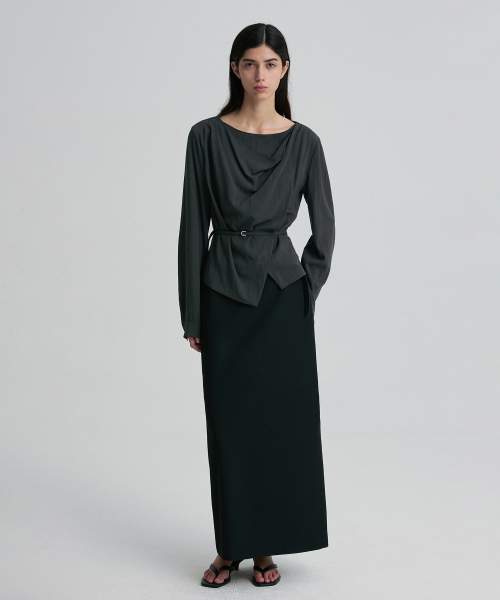 DRAPED COWL-NECK TIE-WAIST TOP CHARCOAL
