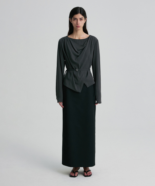 DRAPED COWL-NECK TIE-WAIST TOP CHARCOAL